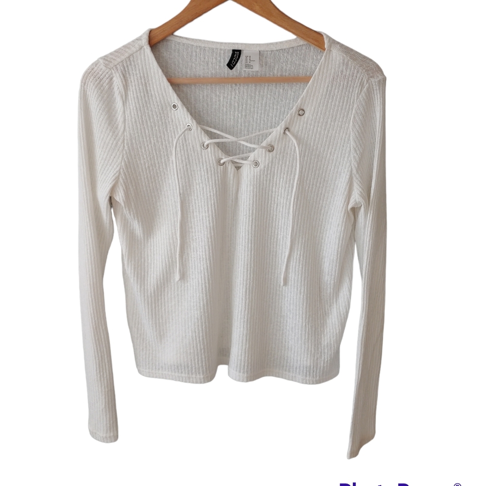 Divided White Ribbed Lace Up Semi Sheer Long Sleeve Shirt Size Medium